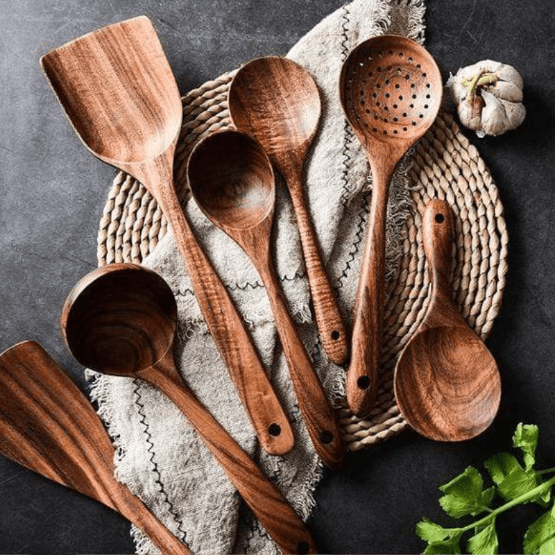 PuraPlanetCo™ 7 PCS Natural Teak Wood Cooking Utensils