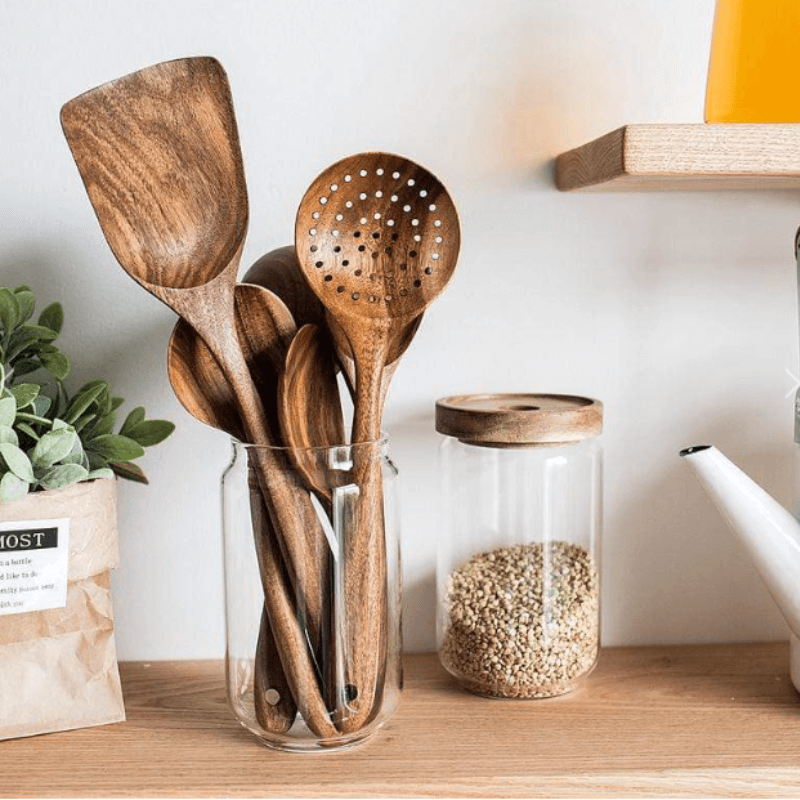 PuraPlanetCo™ 7 PCS Natural Teak Wood Cooking Utensils