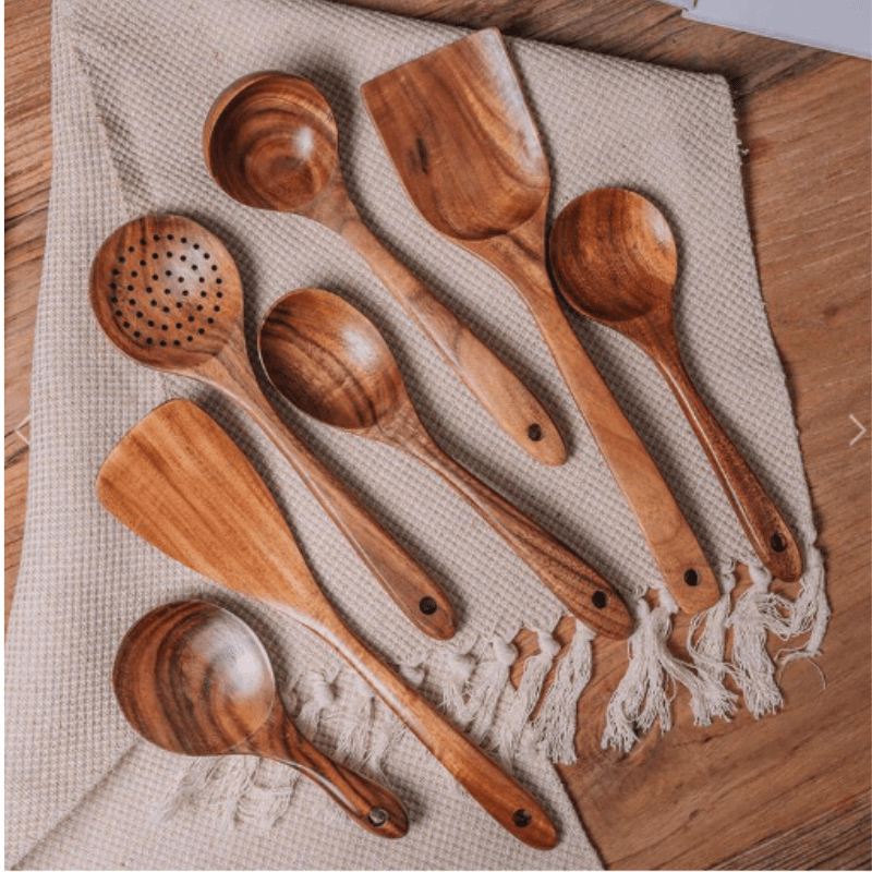 PuraPlanetCo™ 7 PCS Natural Teak Wood Cooking Utensils