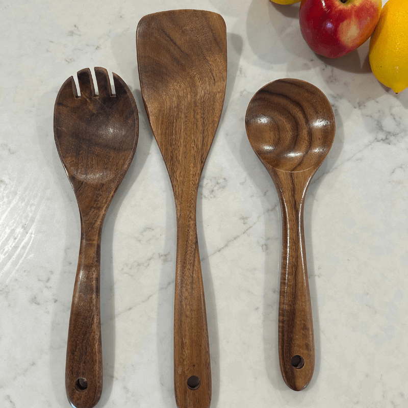 PuraPlanetCo™ 3 PCS Natural Teak Wood Cooking Utensils