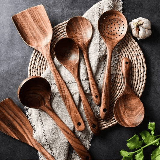 PuraPlanetCo™ 7 PCS Natural Teak Wood Cooking Utensils