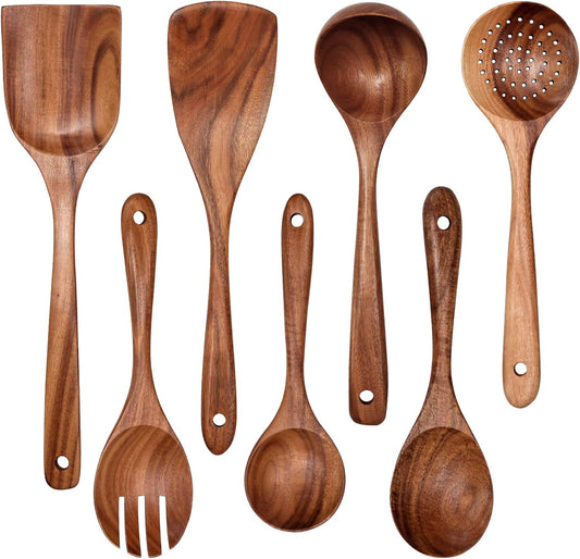 PuraPlanetCo™ 7 PCS Natural Teak Wood Cooking Utensils